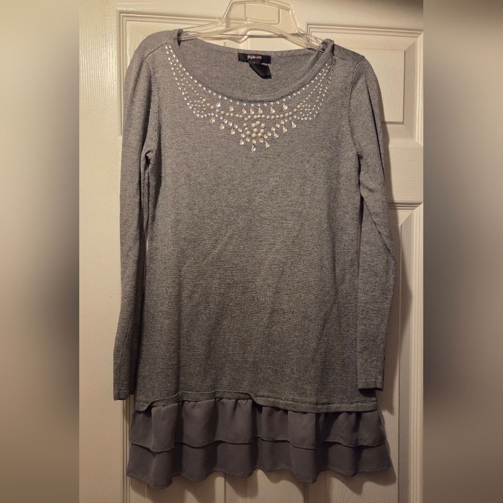 Style & Co. Gray Long Sleeve Top with Embellishments